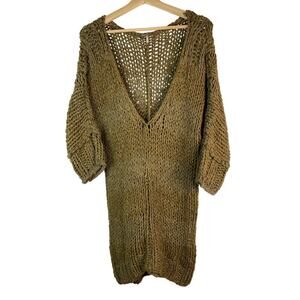 Free People Women's S Green Chunky Knit V-Neck Tunic Sweater